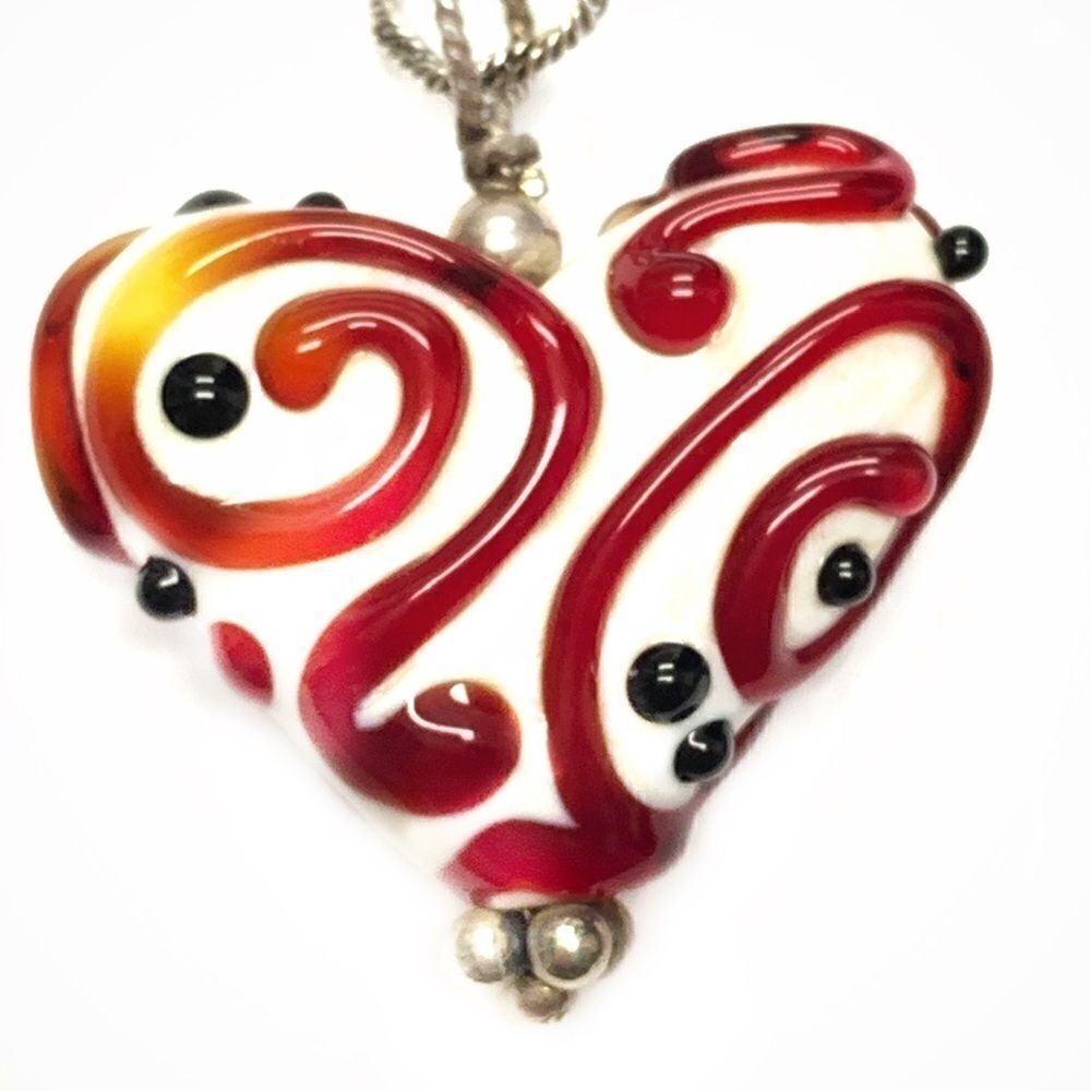 Murano glass hand made lampwork heart twisted sterling chain red white black - Picture 5 of 6